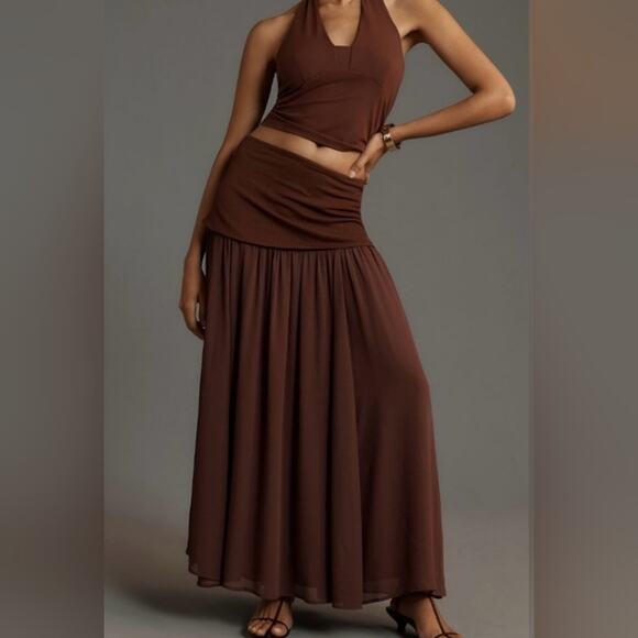 Anthropologie Dropped Yoke-Waist Maxi-Skirt Voile Overlay Cocoa Size Small - Picture 1 of 15